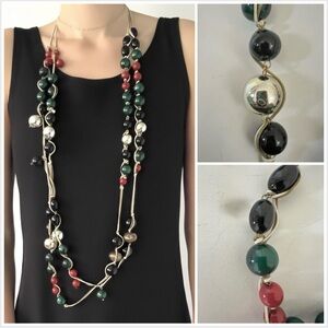 🎁 Long necklace duo / red green gold black mix big beads / macrame & gold linked